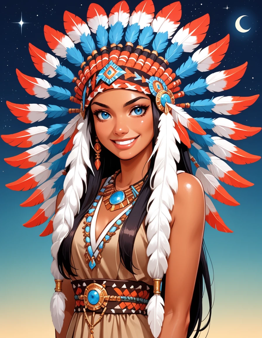 ethereal fantasy concept art of  score_9, score_8_up, score_7_up, score_6_up, score_5_up, score_4_up, 1girl, long hair, blue eyes, native american, dress, hud_n_a_hddrss, headdress, feathers, headband, <lora:hud_n_a_hddrss_XLP:0.8>, smile . magnificent, celestial, ethereal, painterly, epic, majestic, magical, fantasy art, cover art, dreamy