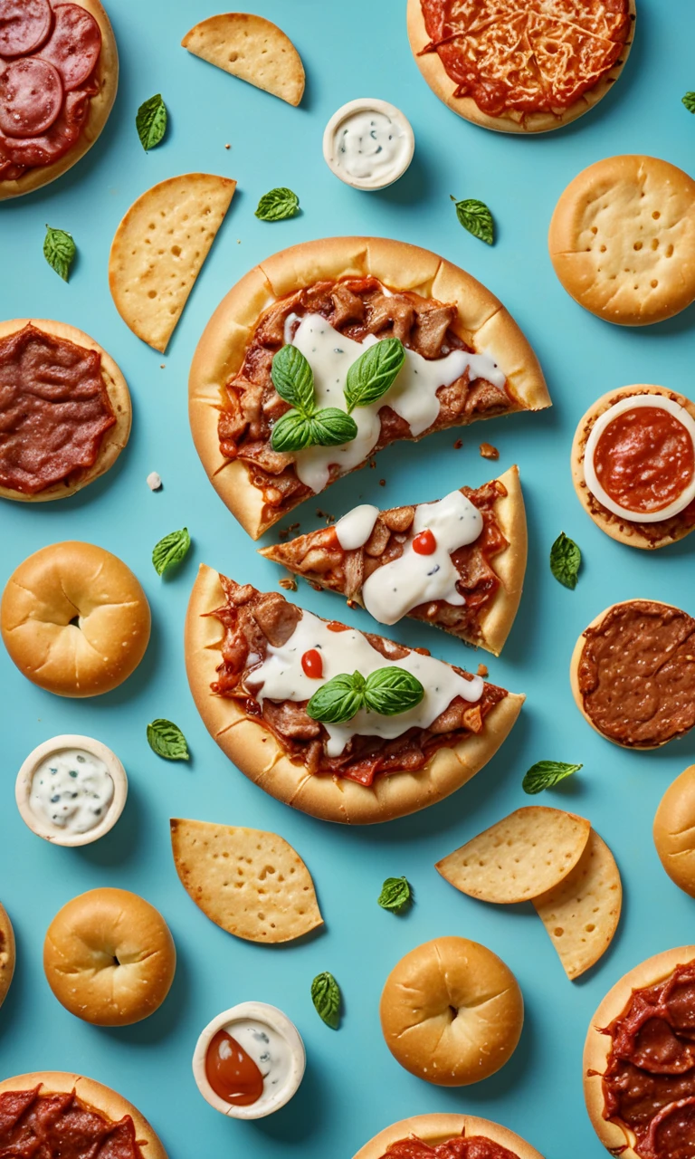 ultra-processed foods, snacks with sugar, chips potato, burguer, pizzas in a blue mint background, natural light, pastel colors, hyperdetailed photography, soft light, cover, masterpiece,