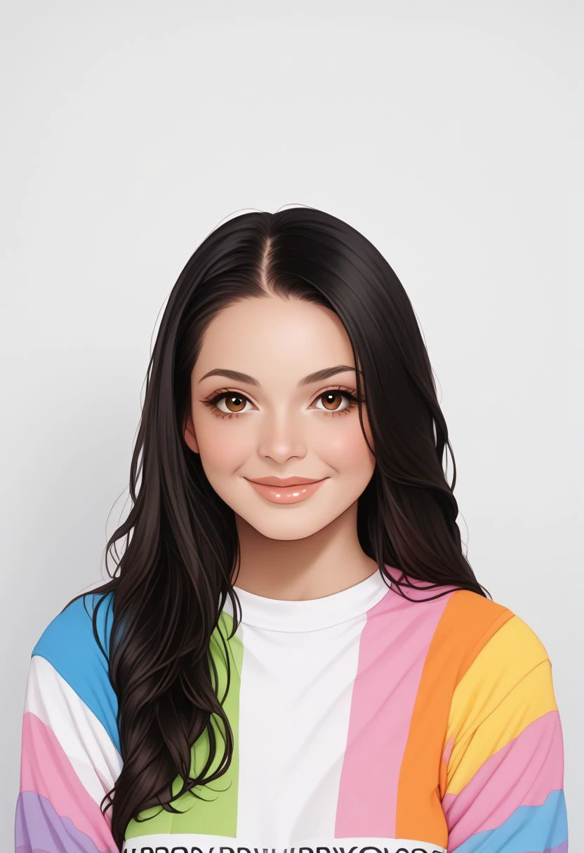 prideb4fall, 1girl, solo, rainbow, multicolored shirt, multicolored clothes, striped, multicolored stripes, black hair, looking at viewer, shirt, long hair, smile, upper body, lips, striped shirt, striped sweater, brown eyes, made of rainbows, rainbow overlay, pride month, rainbows
 zPDXL2