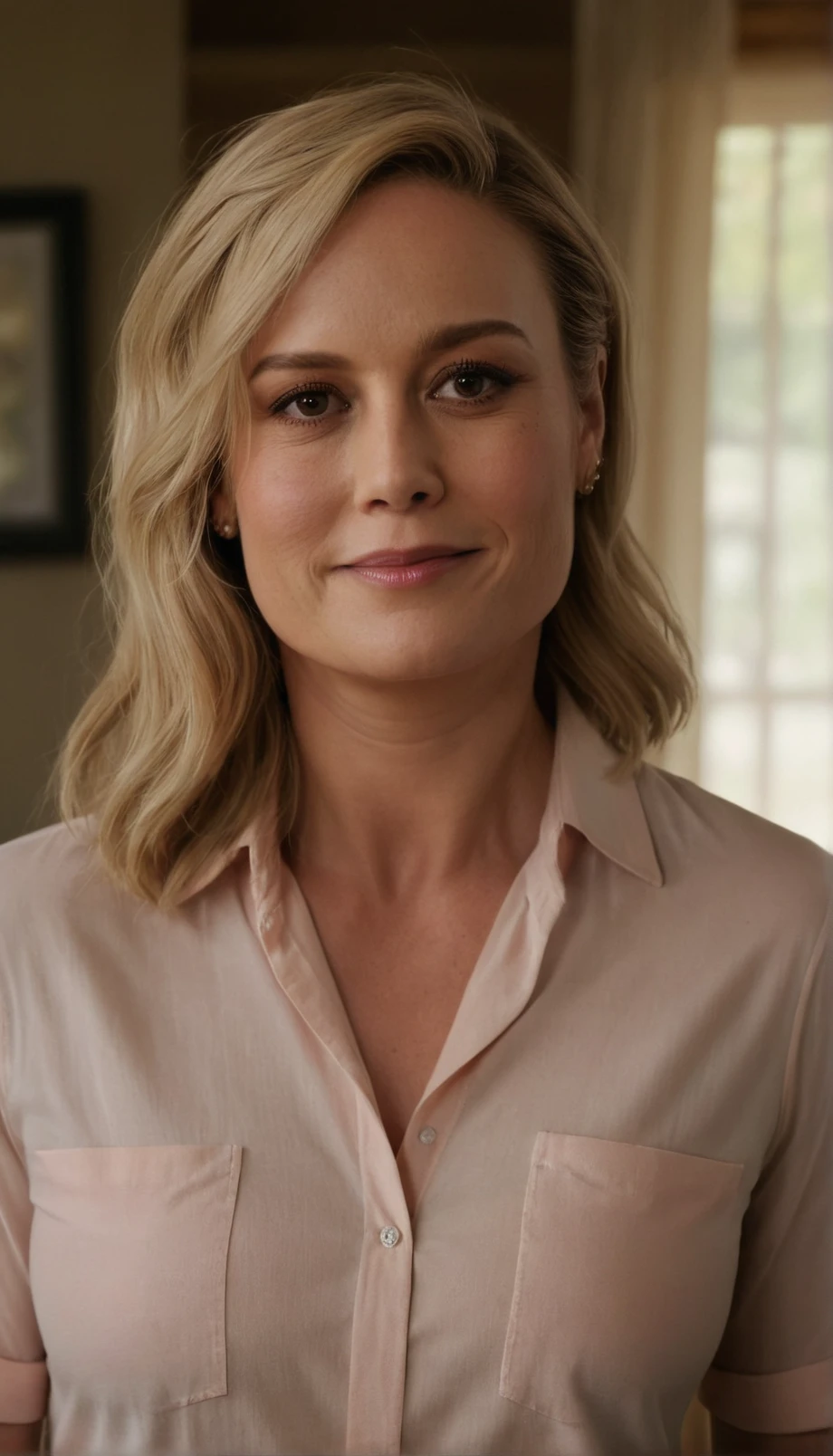 a beautiful picture of brieXL,blonde,mature woman,detailed skin texture,masterpiece, photorealistic, light, RAW color photo,(fully in frame:1.1), (blush:0.5), (goosebumps:0.5), (smiling:0.5),wearing a shirt,secretay,detailed face,indoors, <lora:brieXL:1>