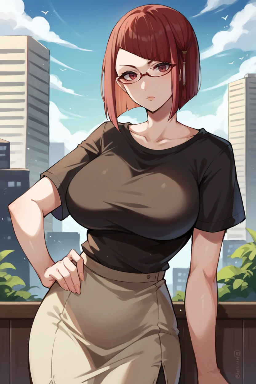 score_9, score_8_up, score_7_up, score_6_up, source_anime BREAK 1girl, solo,  <lora:femiriel-pdxl-nvwls-v1-000005:1> miriel, red hair, glasses, black t-shirt, big breasts, collarbone, pencil skirt, looking at you, hand on hip, city, blue sky