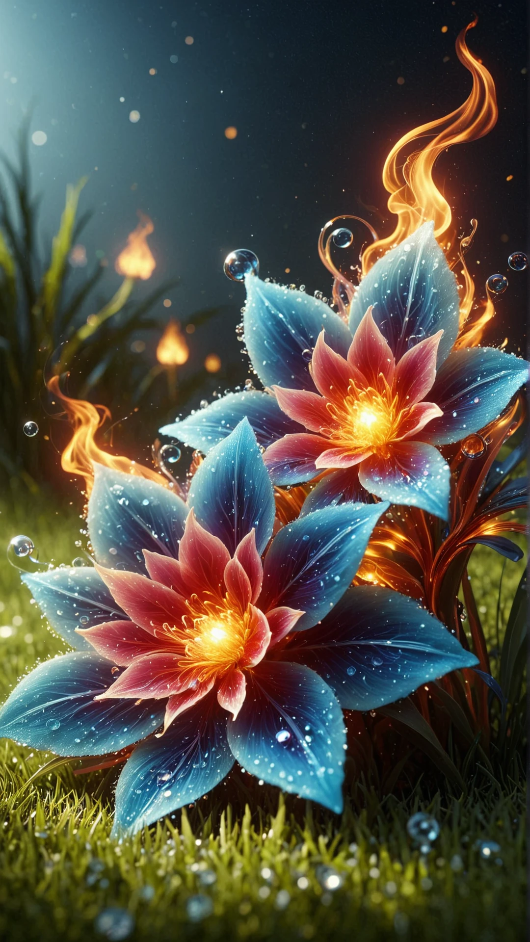 <lora:ElementFireSDXL:1>ElementFire Cyan 3D rendered image, crystal flowers, vibrant colors, dew drops on petals, sunny day, blue sky, green grass, detailed texture, high contrast, realistic shadows, serene atmosphere, peaceful mood, lush garden, blooming flowers, sparkling crystals, magical, enchanting, nature, macro shot, bokeh background, shallow depth of field,wedding dress flames, burning fire, blazing, (Masterpiece:1.3) (best quality:1.2) (high quality:1.1)