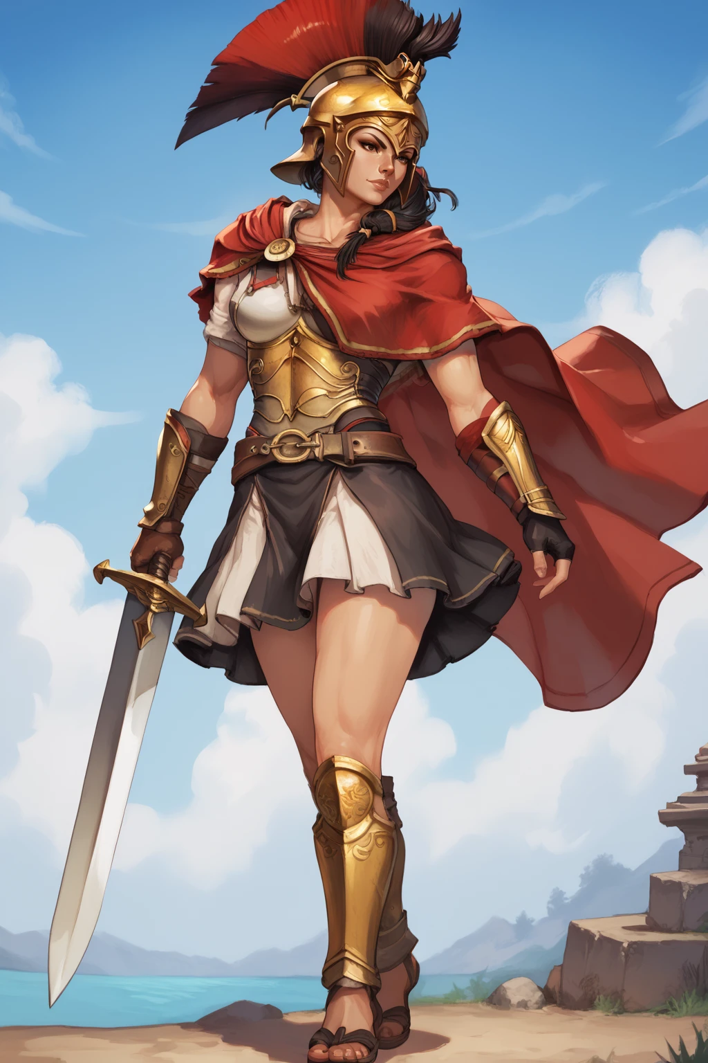 score_9, score_8_up, score_7_up, masterpiece, high quality, BREAK
 <lora:KassandraPonyLoRA:0.8>kssndra, capelet, breastplate, asymetrical bracer, fingerless gloves, belt, skirt, helmet, black red crest,  greaves, sandals, weapon, sword, sheath