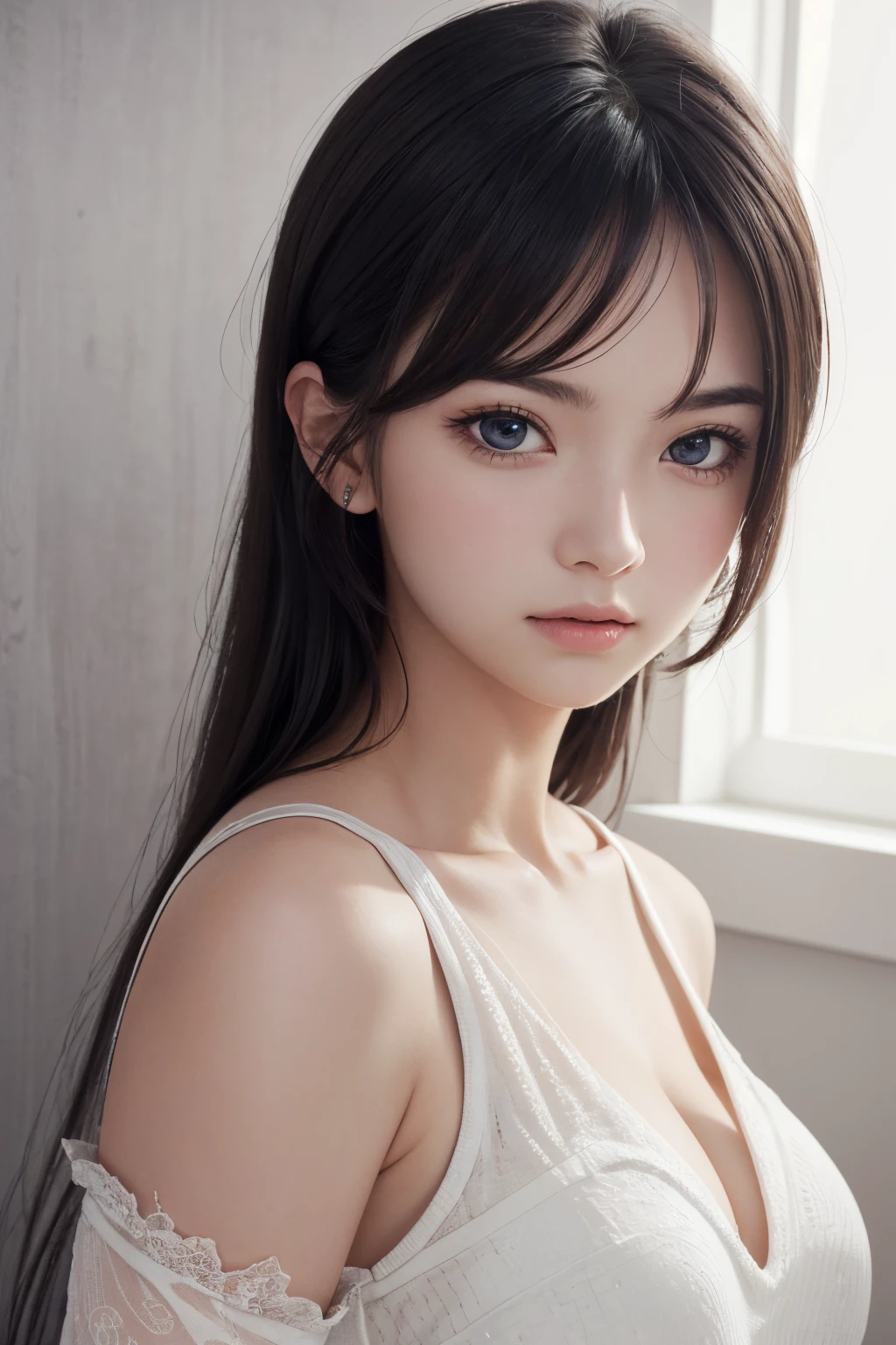 1girl, upper body, (masterpiece, best quality), RAW photo, 16k wallpaper, extremely detailed CG, amazing, ultra detailed, hyperrealistic, official art, High quality texture, incredibly absurdres, highres, 18 years old, cute girl, beautiful face, detailed large black eyes,
