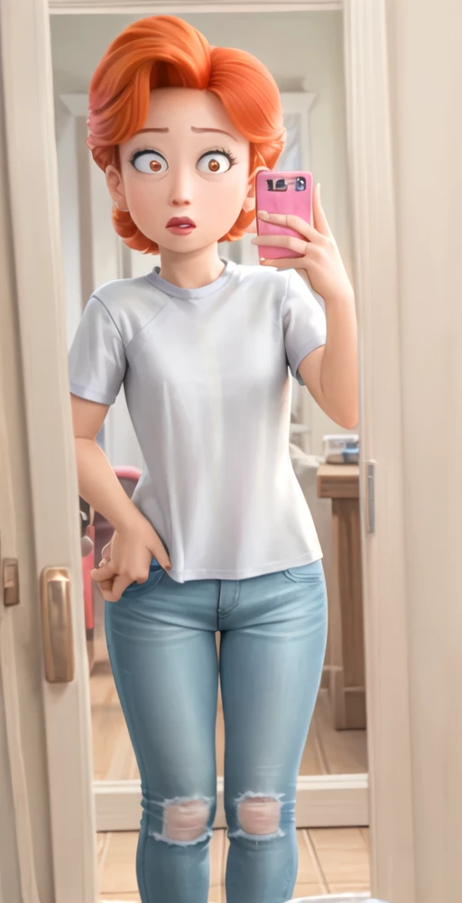 ML, 1girl, solo, lipstick, orange hair, looking in mirror, wide eyed, taking selfie, constricted pupils, white t-shirt, jeans, perfect quality, good quality, masterpiece, HDR, UHD <lora:Ming Lee:0.6>