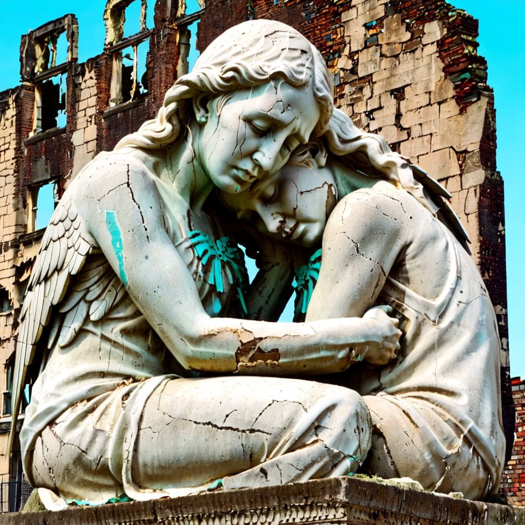 cracked stone twosome, highly-detailed desolation angels, two faces visibly weeping, consoling hug, wings, highly-detailed scarred stone surface detail, on top of city of ruins, photorealistic, urban photography, cyan:blue sky above abstract industrial decline, high quality