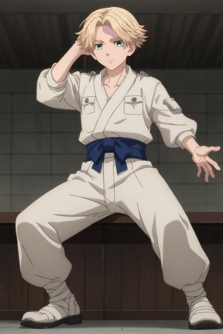 score_9, score_8_up, score_7_up, source_anime, rating_safe, , anime screencap, anime coloring, official style, , , 1boy, solo, male focus, <lora:seishuu_inui_pony:0.76>, seishuu_inui, blonde hair, green eyes, short hair, bangs, wide angle, wide shot, full body, armory, indoors, light, spread legs, sparkling eyes, ninja costume, <lora:sdxl_lightning_8step_lora:1>