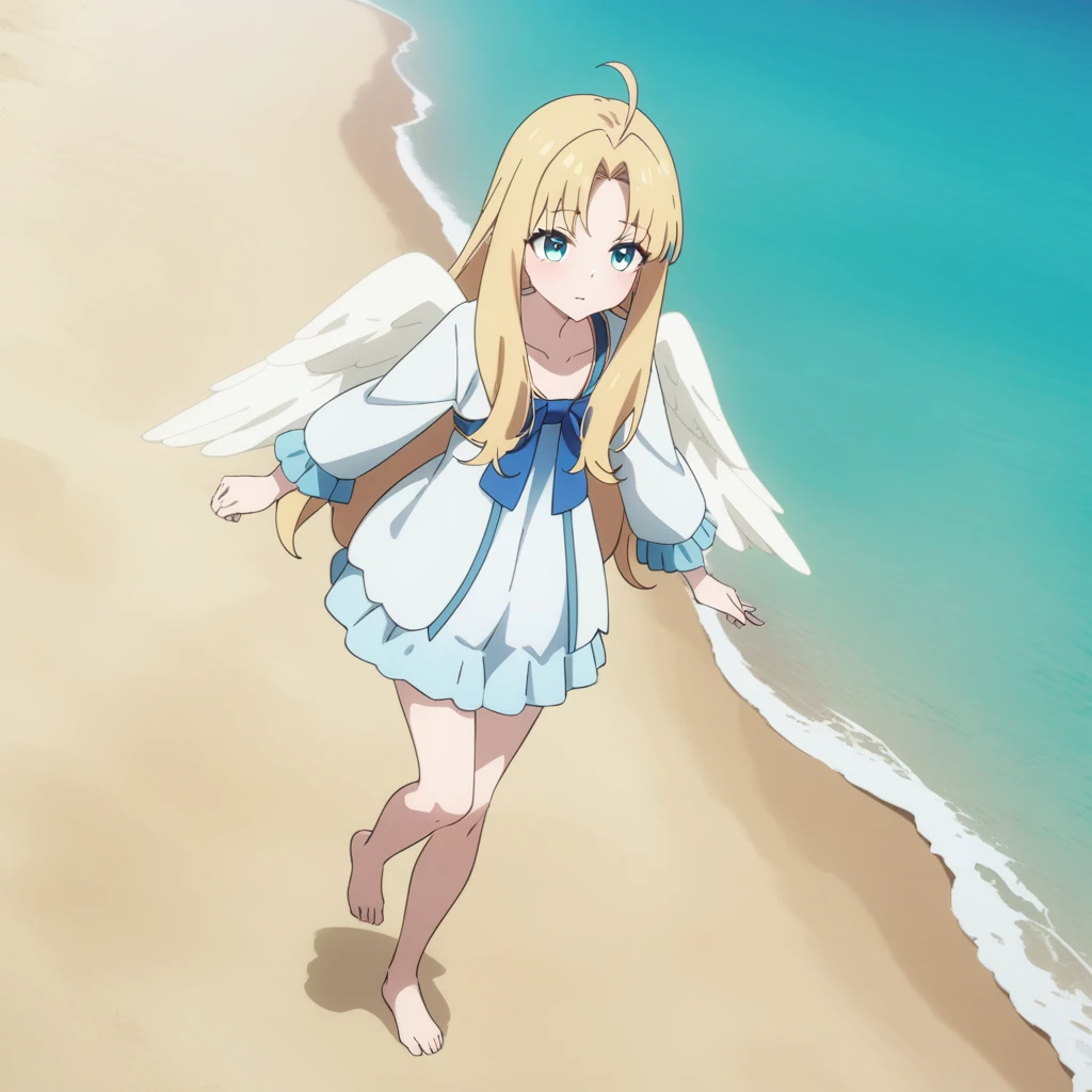 white dress beach, barefoot, bare legs, tny-filo, white wings, ahoge, (full body), collarbone, solo, 1girl, masterpiece, best quality, very aesthetic, absurdres, newest <lora:tny-filo-V03:0.7>