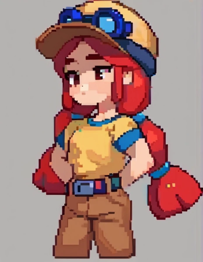 score_9, score_8_up, score_7_up, BREAK,   ,<lora:bsjessie:1>bsjessie  ,  1girl    , red hair  , hat  , goggles on headwear,  yellow shirt ,brown pants , belt ,pigtails <lora:pixel:1>pixelart