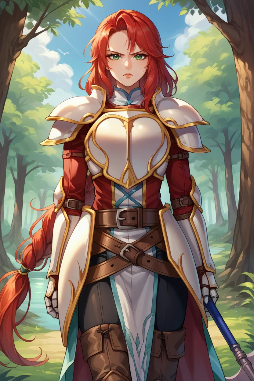 score_9, score_8_up, score_7_up, score_6_up, source_anime BREAK 1girl, solo, <lora:fetitania-pdxl-nvwls-v1-000005:1> defTitania, red hair, green eyes, braided ponytail, armor, shoulder armor, red coat, gauntlets, belt, pelvic curtain, pants, holding axe, looking at you, forest, blue sky, serious