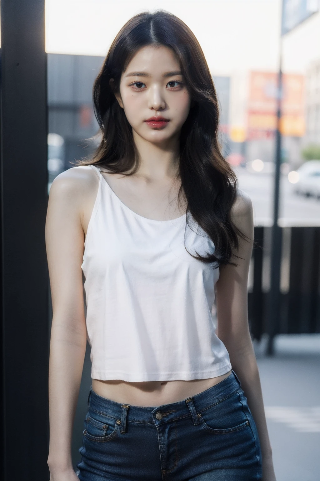 (realistic), (hyperrealism),best quality, masterpiece,ultra high res, (photorealistic:1.4),1girl,(looking at viewer:1.2),1girl, solo, realistic, looking at viewer, parted lips, short jeans, black tanktop,
, <lora:makina69_wonyoung_v4.9:1>, long blonde wavy hair