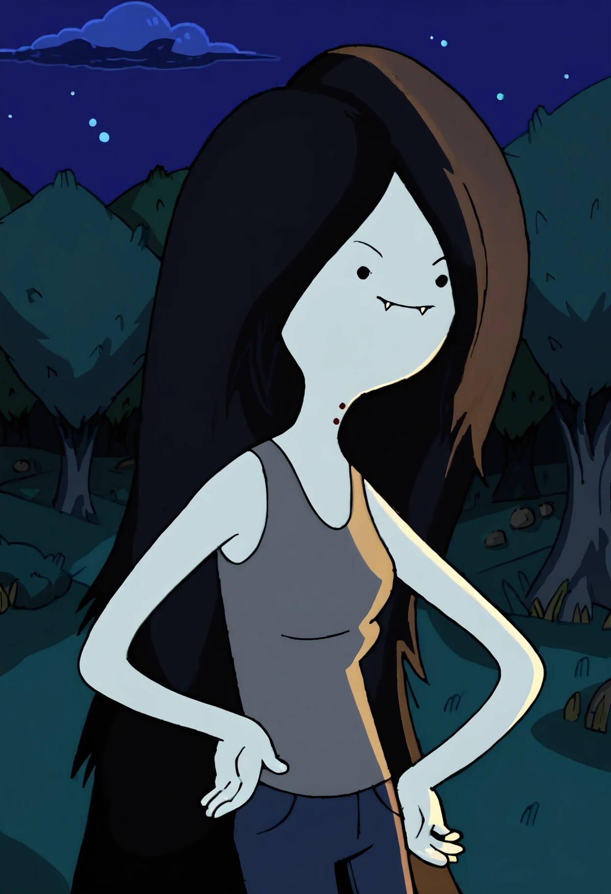 marceline, 1girl, fangs, solo, vampire, long hair, fangs out, solid circle eyes,tank top, bite mark, black eyes, black hair,floating, very long hair, grey skin, pants, smile,outdoors, night, night sky, <lora:MarcelinePony1.1:1>, score_9, score_8_up, score_7_up, score_6_up, score_5_up, score_4_up, looking at viewer, hand on own hip, cowboy shot,tree, forest,