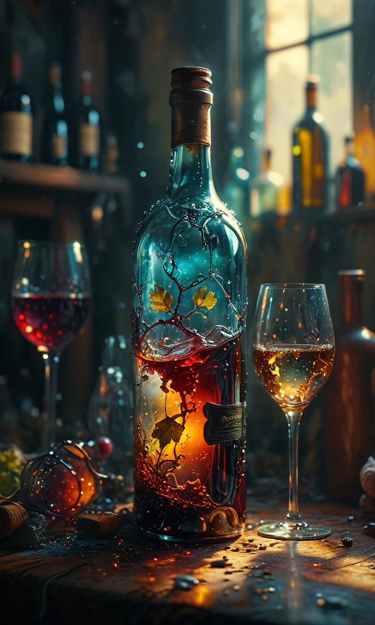 wine bottle and glass, masterpiece, fantasy, digital art, highly detailed, overall detail, atmospheric lighting, Awash in a haze of light leaks reminiscent of film photography, awesome background, highly detailed styling, studio photo, intricate details, highly detailed, cinematic, <lora:MJ52:0.6>, <lora:SDXLFaeTastic2400:0.6>,