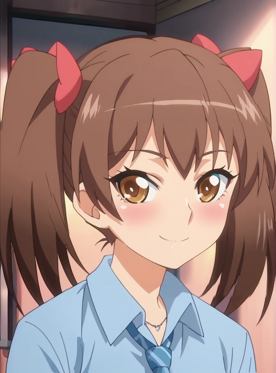 score_9, score_8_up, score_7_up, score_6_up, source_anime, anime screencap <lora:hanazawa_airi:0.8>hanazawa_airi, 1girl, brown hair, twintails, blush, brown eyes, solo,skirt, blue_shirt smile, pantyhose, smile,necktie,