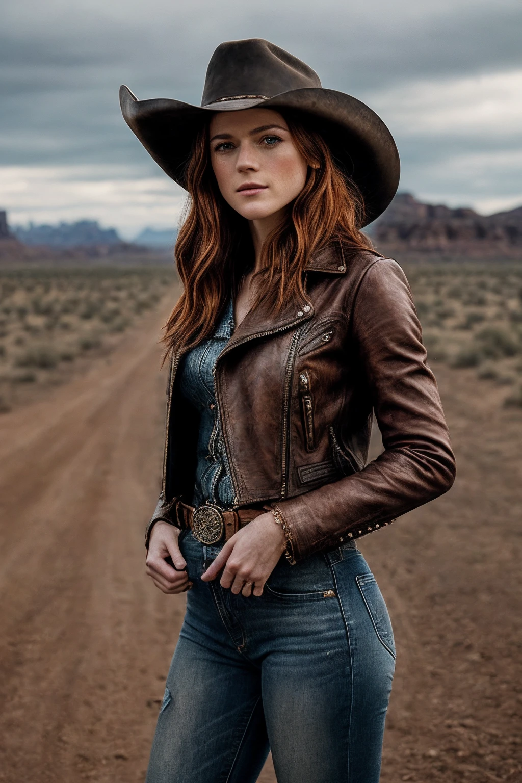 RoseL_SoloTI_v1,
(A Westworld-inspired ensemble featuring rugged yet stylish elements, such as a leather jacket paired with distressed jeans and cowboy boots, accessorized with a wide-brimmed hat and a statement belt buckle:1.1), ((In a frontier-inspired setting, with wide-open spaces and a hint of mystery, echoing the adventurous spirit of the Wild West:1.2)), (seductive), photorealistic, masterpiece, high quality, artistic, unique, award winning photograph, professional, 8k, RAW photo, best quality,flattering, (cinematic:1.3), (low key),
<lora:add_detail:1>, PA7_Portrait-MCU,