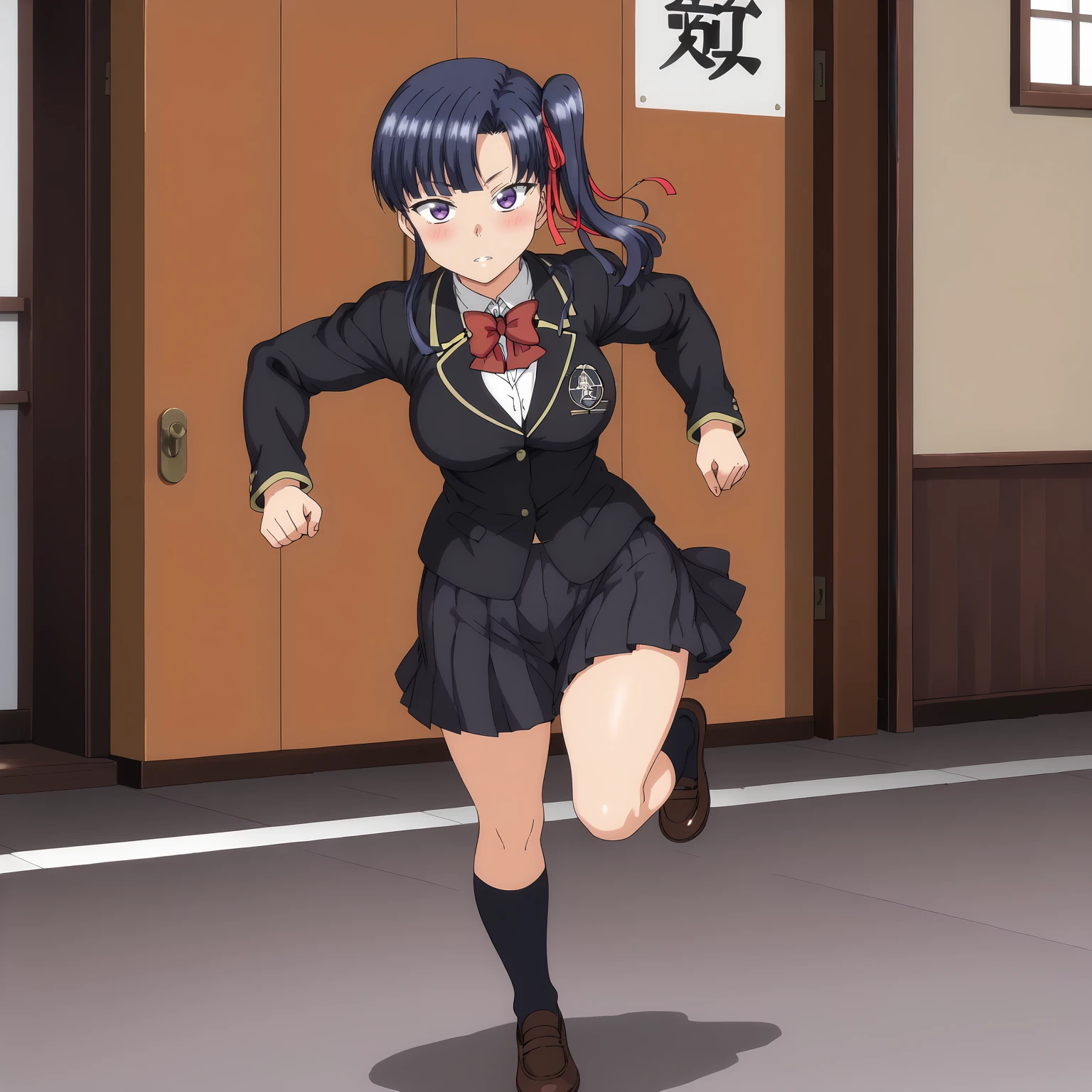 <lora:SakuraMiyajimaXLpony003>,
blush,parted lips,
solo,
SakuraMiyajima,1girl,blue hair,side ponytail,purple eyes,hair ribbon,
school_uniform,red bowtie,black blazer,long_sleeves,
pleated_skirt,
black socks,
full body,running,