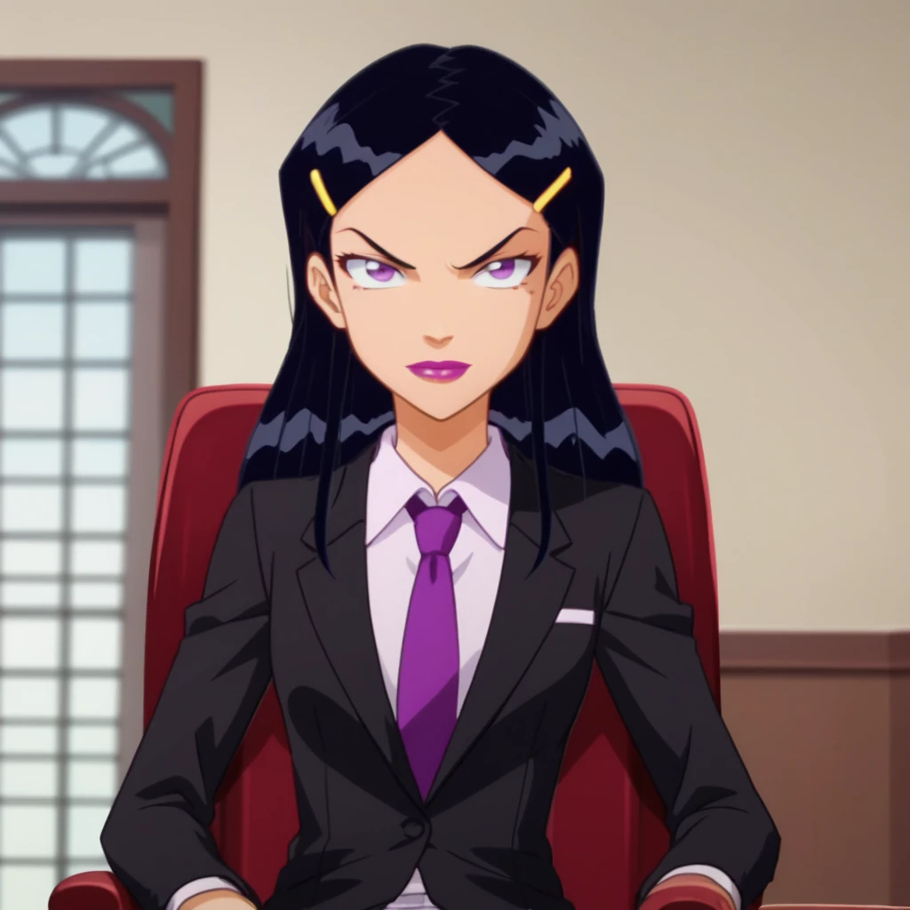 score_8_up, BREAK, anime screencap, Mandy, 1girl, solo,  long hair,  black hair, purple eyes, lipstick, hairclip, <lora:Mandy_TotallySpies_PXL_Leaf2:1> ,   looking at viewer,  depth of field, suit, formal,  sitting, on chair,