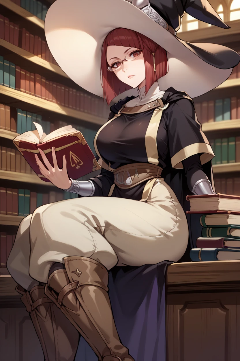 score_9, score_8_up, score_7_up, score_6_up, source_anime BREAK 1girl, solo,  <lora:femiriel-pdxl-nvwls-v1-000005:1> miriel, red hair, witch's hat, glasses, cape, black robe, brown pants, looking at you, expressionless, sitting, library, holding book, boots, big breasts