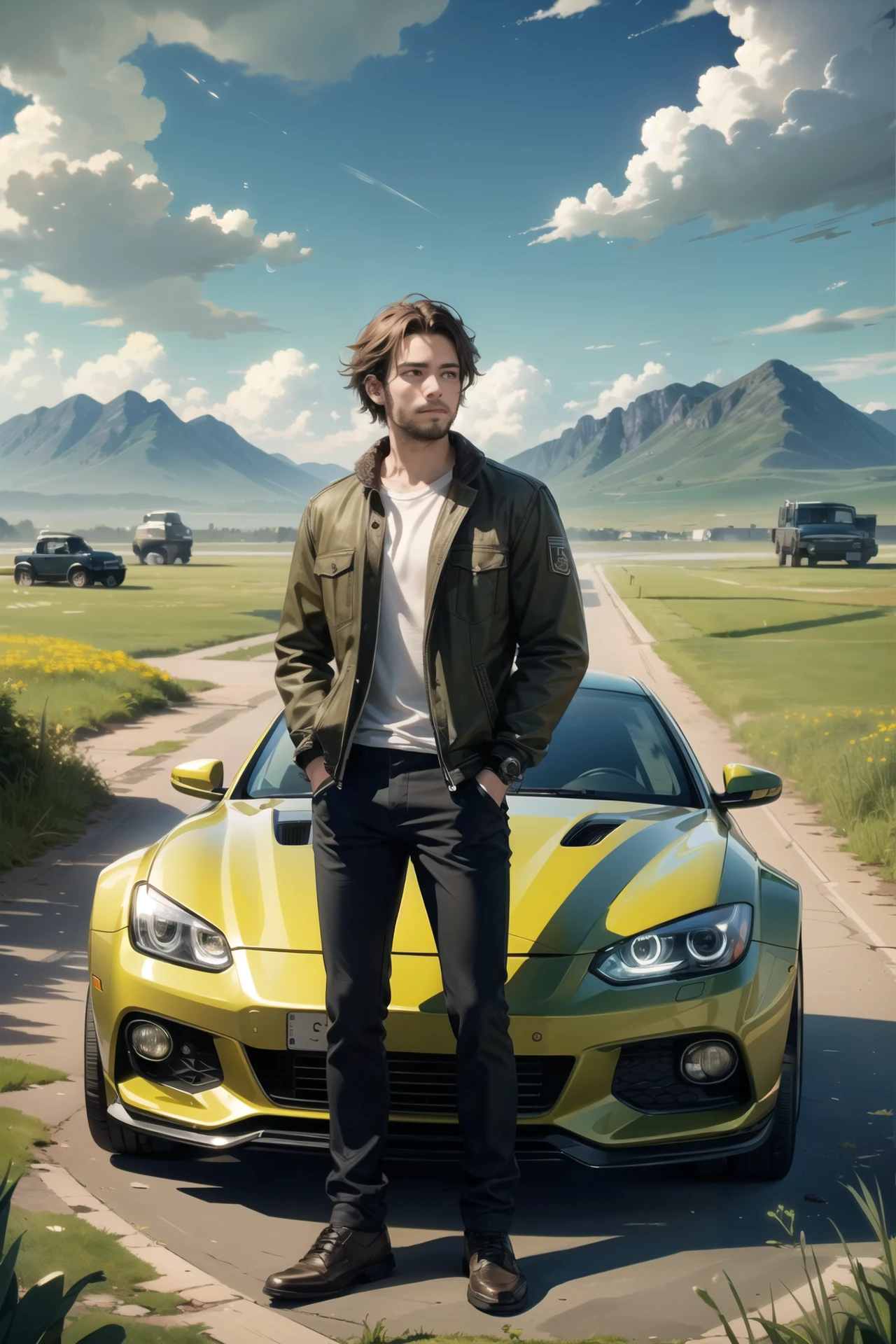 (masterpiece),(best quality),(extremely intricate),(sharp focus),(cinematic lighting),(extremely detailed),A man standing next to a yellow car., delicate, magical composition, highly intricate, cinematic,pg-13,