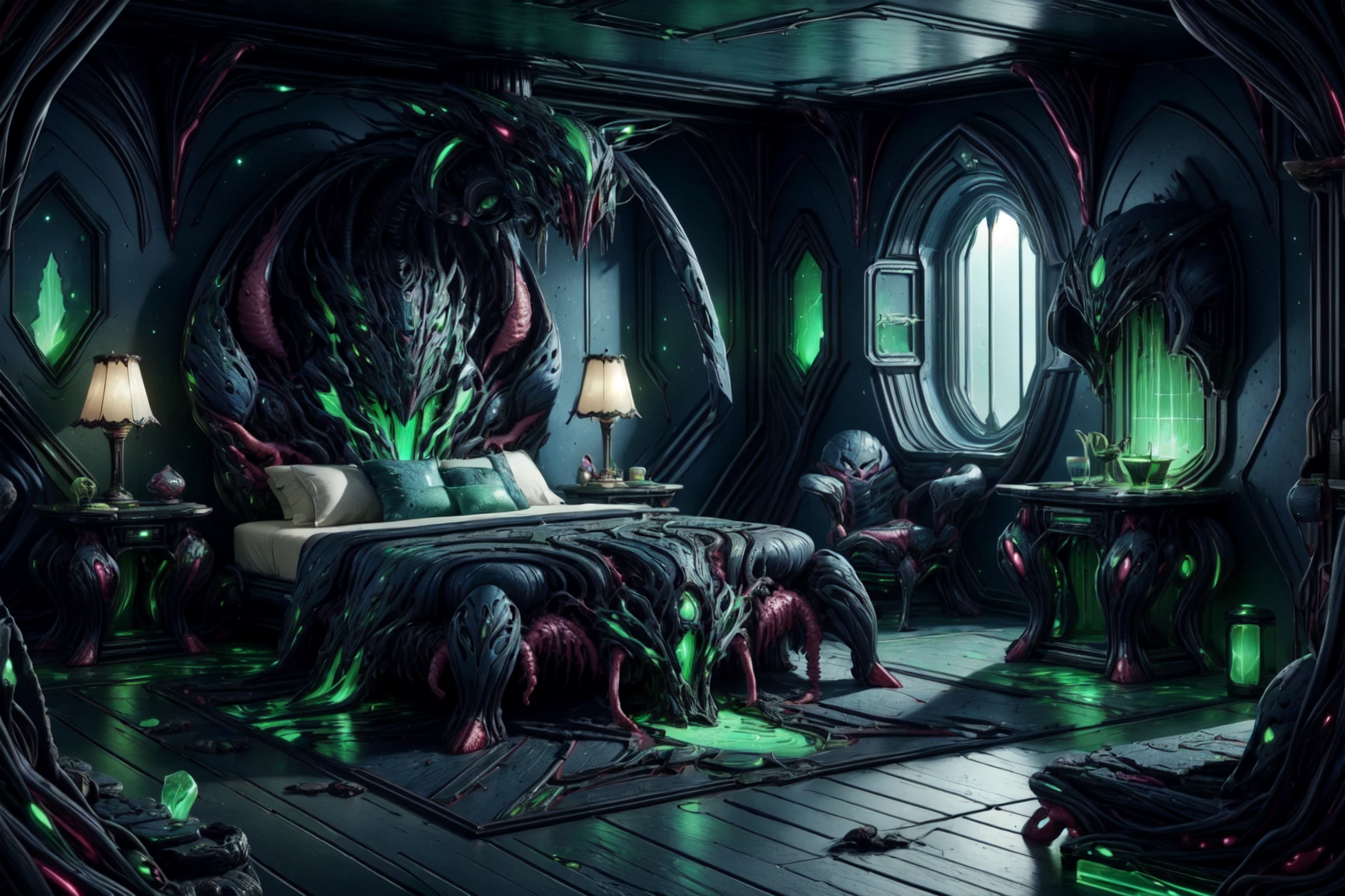 masterpiece, best quality, absuredres,  <lora:NeoFalmerWorld1.0:1> neofalmerworld, scifi, bedroom with a fancy bed and endtable, chitin, green glow, rough jagged texture,  <lora:add_detail:0.4>