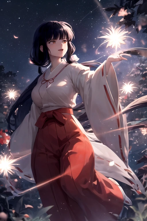 (masterpiece,best quality),kikyou \(inuyasha\), 1girl, solo,<lora:kikyou:1>, dutch angle,red hakama, miko,kimono,  petals, floating hair, forest, blue and red theme,large breasts,  lens flare, light particles, looking away, from above, (shiny:1.1), (night:1.2),starry sky, , spider lily, disdain, disgust,fire,light particles, backlighting, fireflies, dancing, smile, open mouth, standing on one leg, from below, robe,