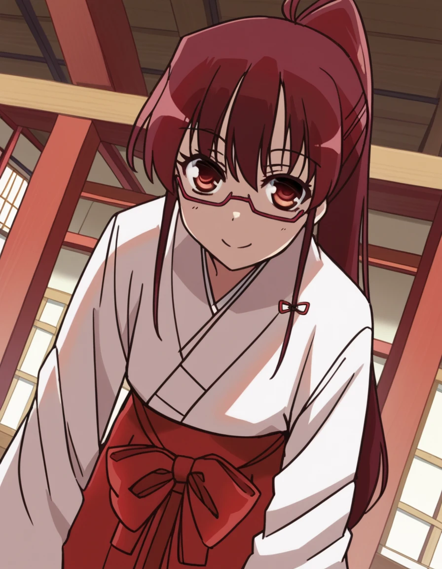 score_9, score_8_up, score_7_up, source_anime,
tomoekarijuku, <lora:tomoe-karijuku-s2-ponyxl-lora-nochekaiser:1>,
tomoe karijuku, long hair, red eyes, ponytail, red hair, glasses, semi-rimless eyewear, red-framed eyewear, under-rim eyewear,
skirt, japanese clothes, glasses, hakama, hakama skirt, semi-rimless eyewear, red-framed eyewear, under-rim eyewear, miko, red hakama,
indoors, dojo, smile, bent over,
looking at viewer, cowboy shot, dutch angle, solo,