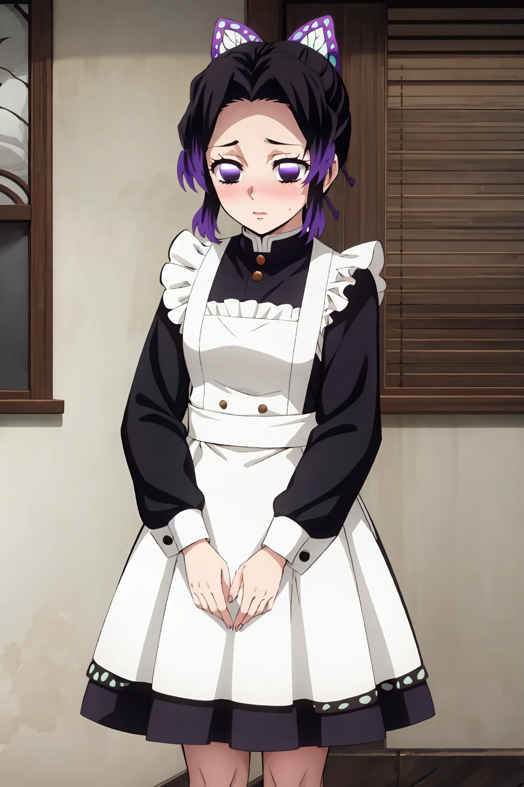 Kochou shinobu, 4k, absurd, high resolution, very high resolution, high definition, masterpiece, short hair, purple hair, hair ornament, butterfly hair ornament, purple eyes, maid_costume,(blushing: 1.2), (embarrased: 1.2)<lora:EMS-388071-EMS:0.800000>