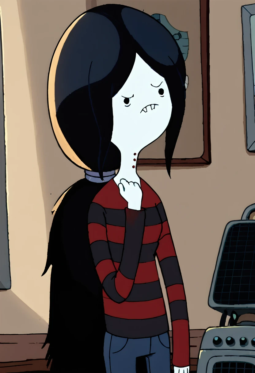 marceline, silly face, black hair, solo, long hair, ponytail, 1girl, bite mark, black eyes, grey skin, shirt, long sleeves, striped shirt, solid circle eyes<lora:MarcelinePony1.1:1>, score_9, score_8_up, score_7_up, score_6_up, score_5_up, score_4_up, looking at viewer,