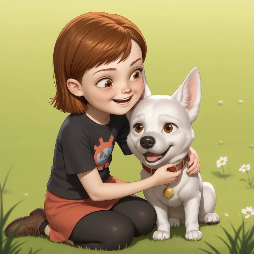 score_9, score_8, score_7, BREAK, penny,  brown hair, short hair, brown eyes, female child, sitting in grass, petting dog, dog, bolt, open smile.