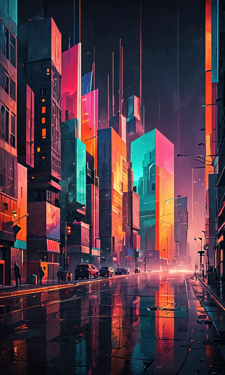 Minimalist cityscape with abstract geometric forms and vibrant colors, masterpiece, fantasy, digital art, highly detailed, overall detail, atmospheric lighting, Awash in a haze of light leaks reminiscent of film photography, awesome background, highly detailed styling, studio photo, intricate details, highly detailed, cinematic,