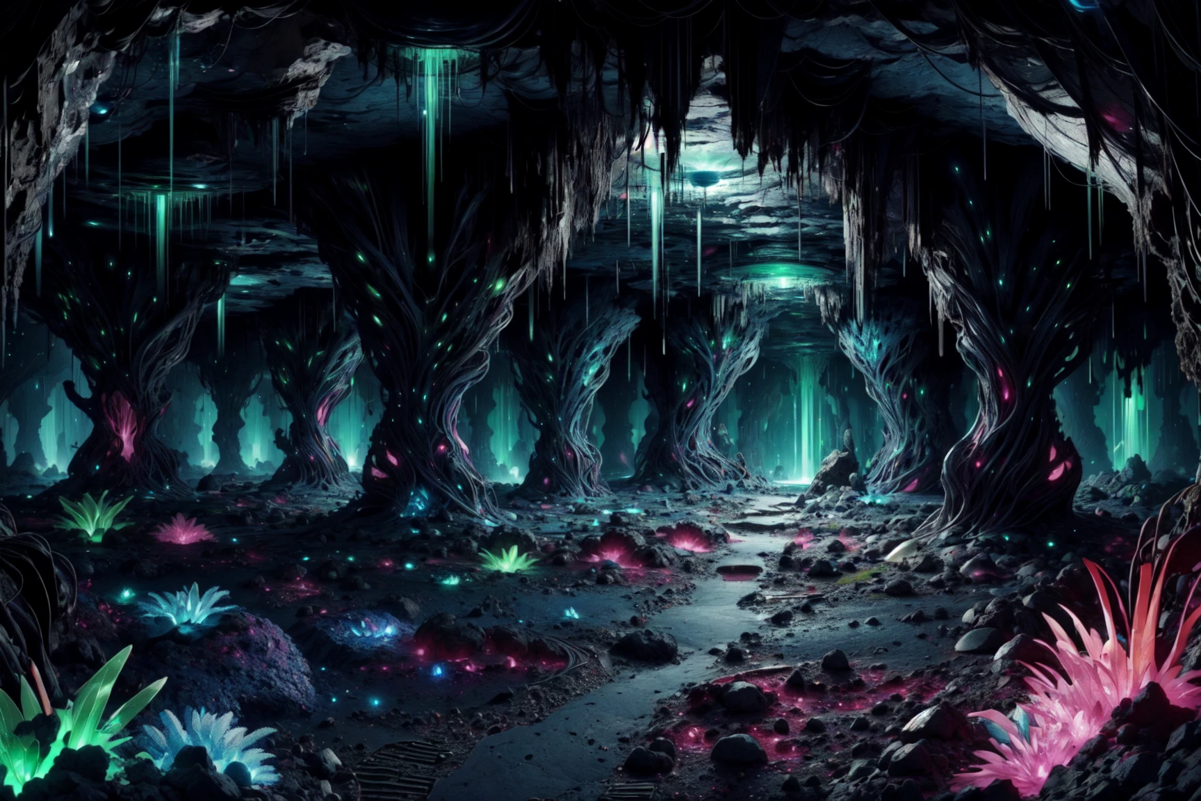 masterpiece, best quality, absuredres, <lora:NeoFalmerWorld1.0:1> neofalmerworld, scifi, underground cavern with glowing crystals and lava, red glow, glowing, bioluminescence, dark, dim,<lora:add_detail:0.4>