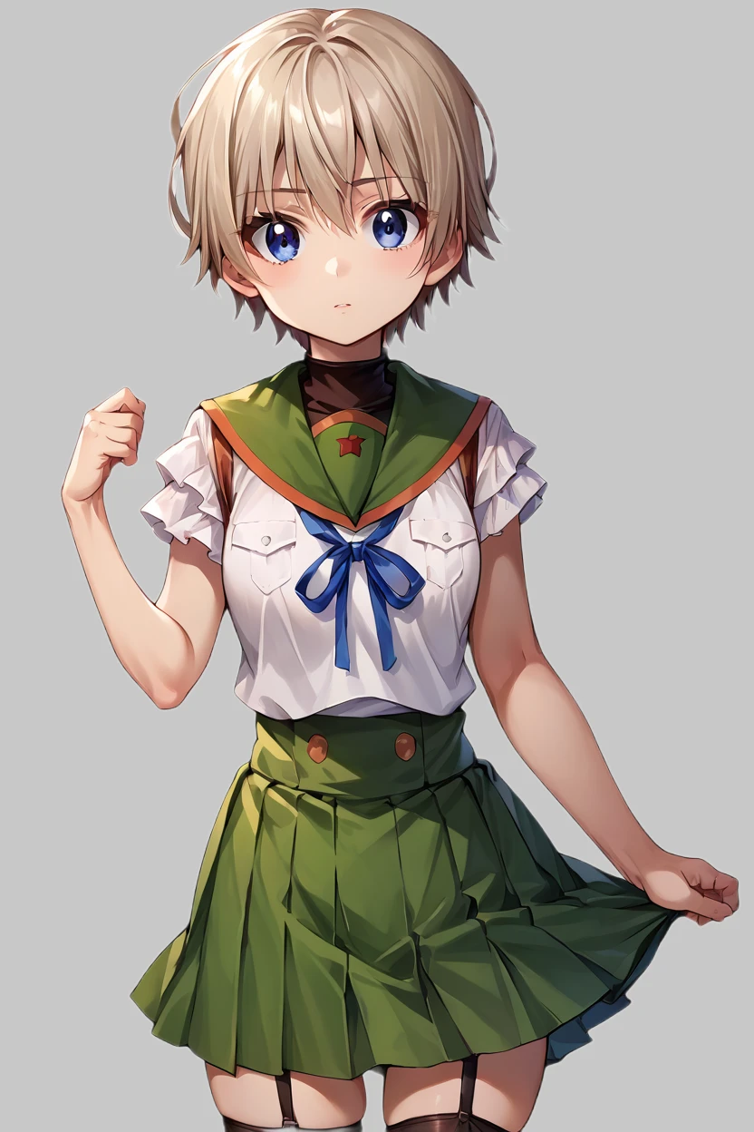 score_9, score_8_up, score_7_up, source_anime BREAK 1girl, solo, <lora:gakkou_miki:1>, gakkou_miki, school uniform, green skirt, green sailor collar, frilled sleeves, black thighhighs, garter straps, short hair, blue eyes, bangs, looking at you, simple background