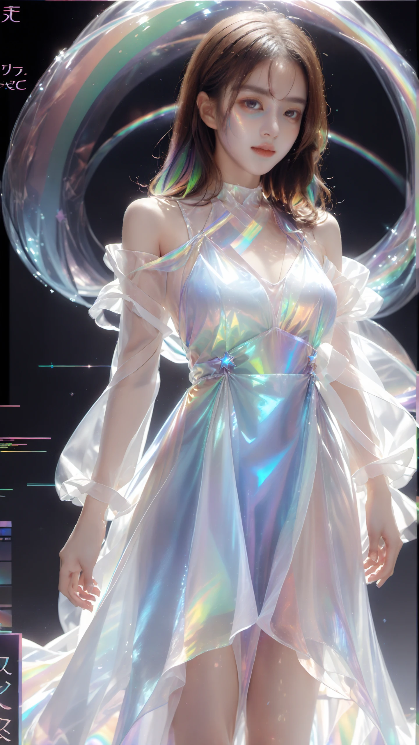 masterpiece, best quality,highres, 1girl, tallï¼long hair, Transparent, see-through, looking at viewer, organza night dress, perfect cut, holographic plastic, liulixl, iridescence,clean face, full body, <lora:liulixl:1>,  <lora:SDXLFaeTastic2400:0.7>