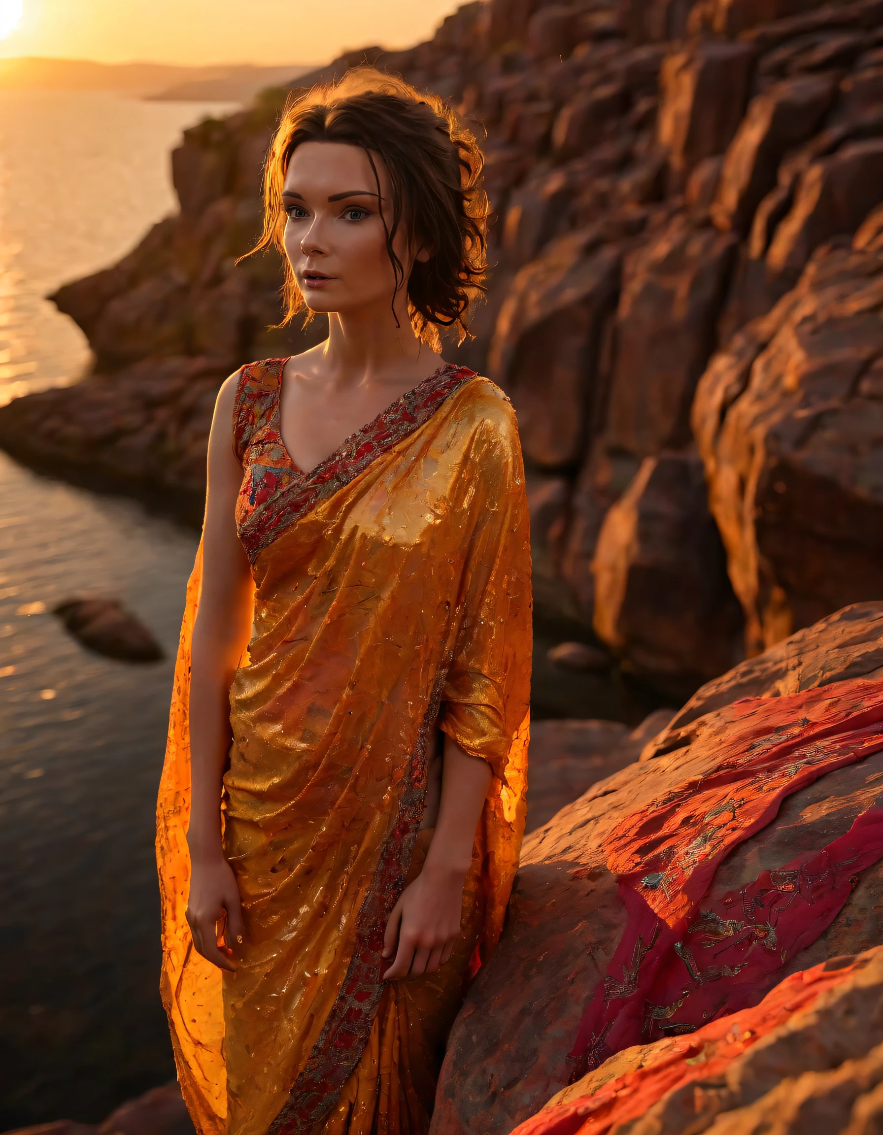 Amidst the rugged terrain of a secluded desert island, Jannet, elegantly draped in a vibrant sari embroidered with shimmering gold patterns, stands atop a craggy rock formation, her gaze fixed on the distant horizon as the setting sun bathes her in its golden glow, creating an ethereal and serene tableau. <lora:yymtzi18fc99044bcu9b:1>