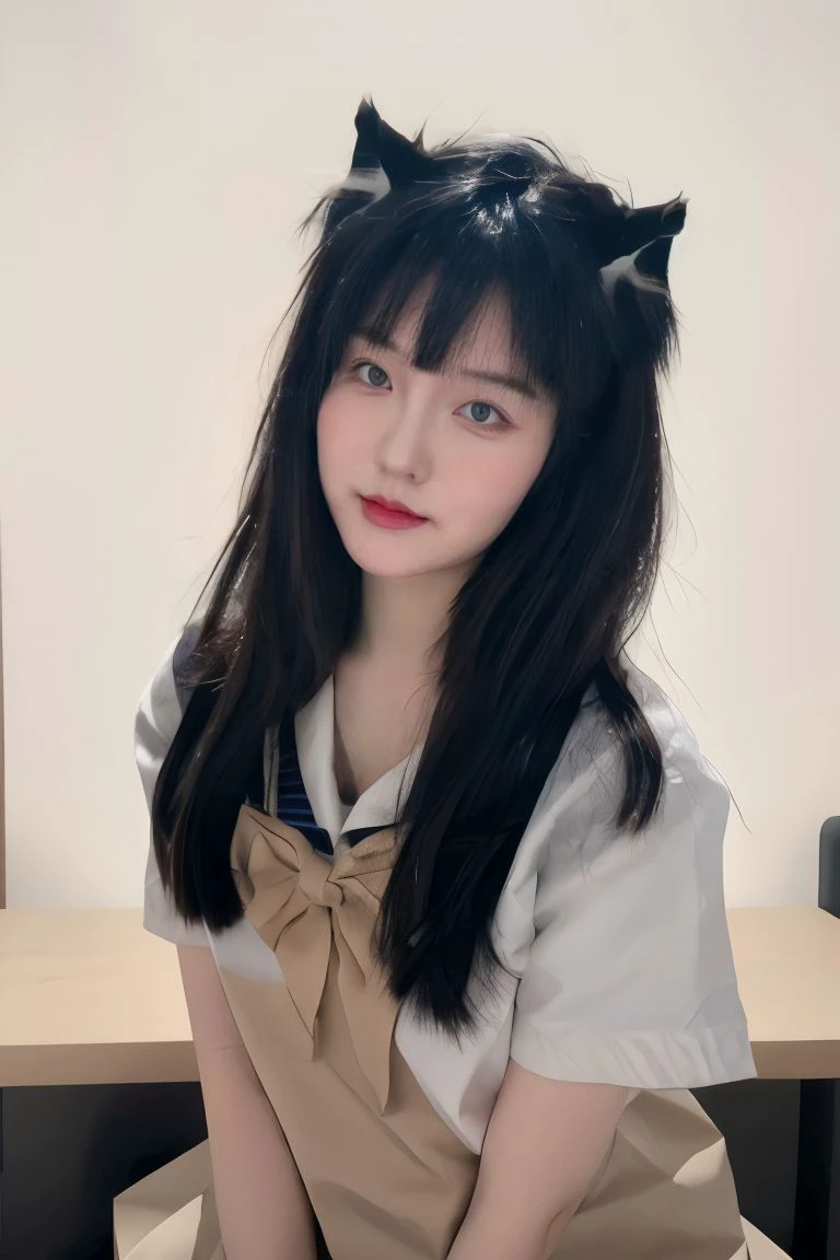 1girl, solo, small breasts, looking at viewer, realistic, photorealistic, bangs, black eyes, black hair, lips, long hair, closed mouth, animal ears, cat ears, hyper detailed, super sharp, crisp, smooth, smooth gradients, depth of field, (in studio: 1.1), (white background: 1.1), <lora:shanghai_kexin:1> , <lora:breastsizeslideroffset:-0.35>, <lora:skin_slider_v2_1_FACE:0.5>, <lora:add_detail_v5:1>, serafuku, student uniform, (sfw)