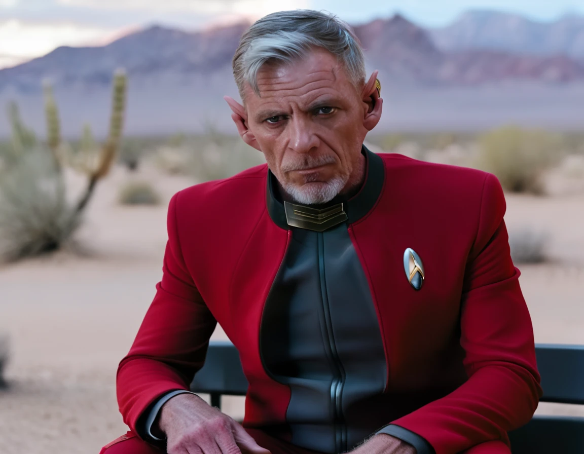 CptRayner, Rayner, male focus, gray eyes, pointy ears, gray thin beard, short gray hair, undercut, upper body, looking to viewer, red suit, black pants, star trek, sitting at a bench on a desert planet, 8k photography, sony alpha a 1 close up, shot