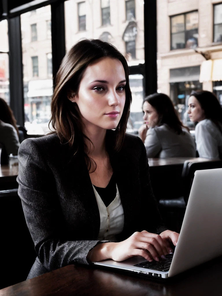 1girl, sitting in a bustling cafe in new york city, portfolio, laptop, brunette, expensive business suit,
<lora:barb-synth-sd15-lora-1:1>