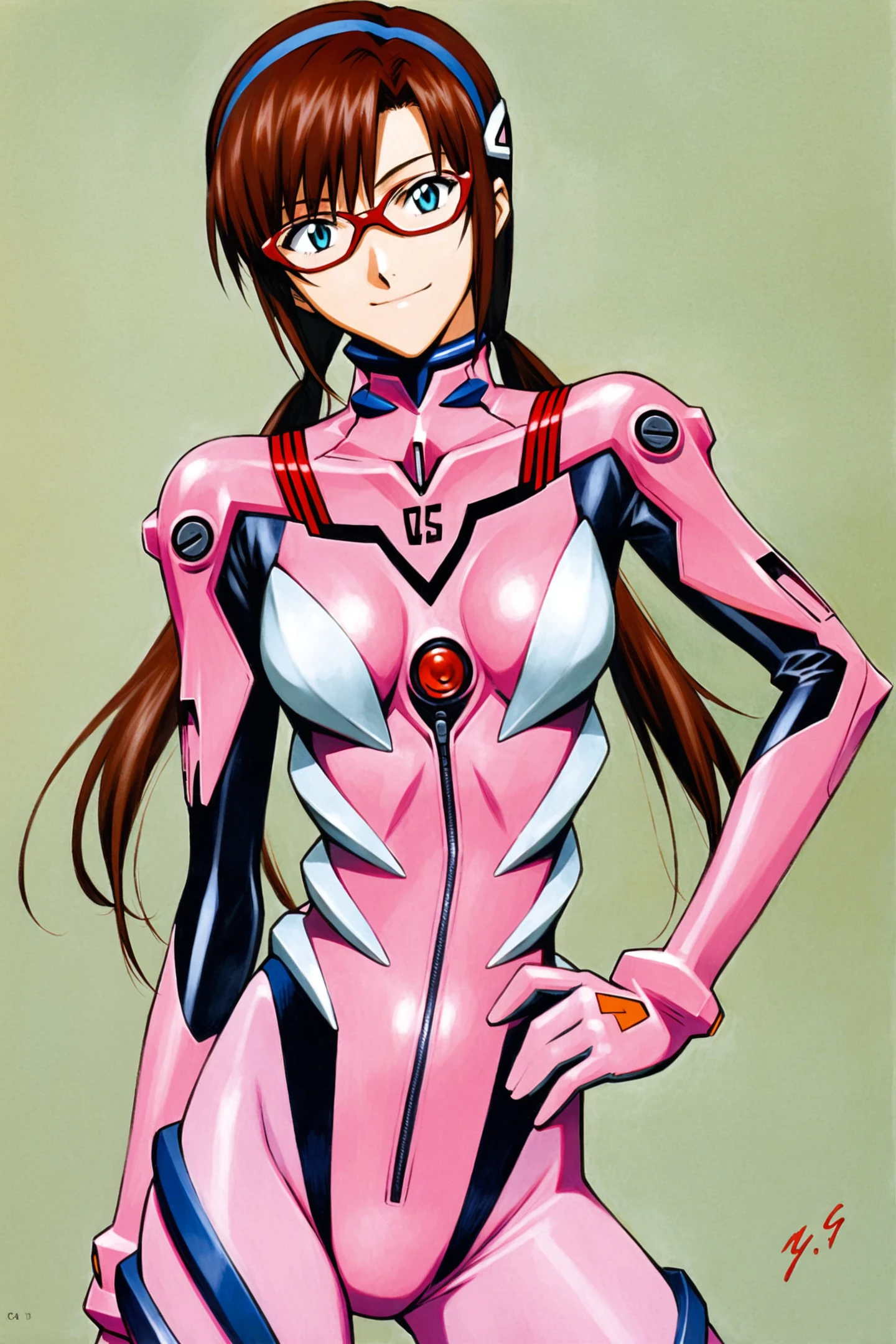 Sadamoto Yoshiyuki Style,1girl,makinami mari illustrious,pink bodysuit,plugsuit,solo,glasses,bodysuit,blue eyes,long hair,brown hair,twintails,hairband,smile,upper body,traditional media,<lora:mix_XL:0.8>,