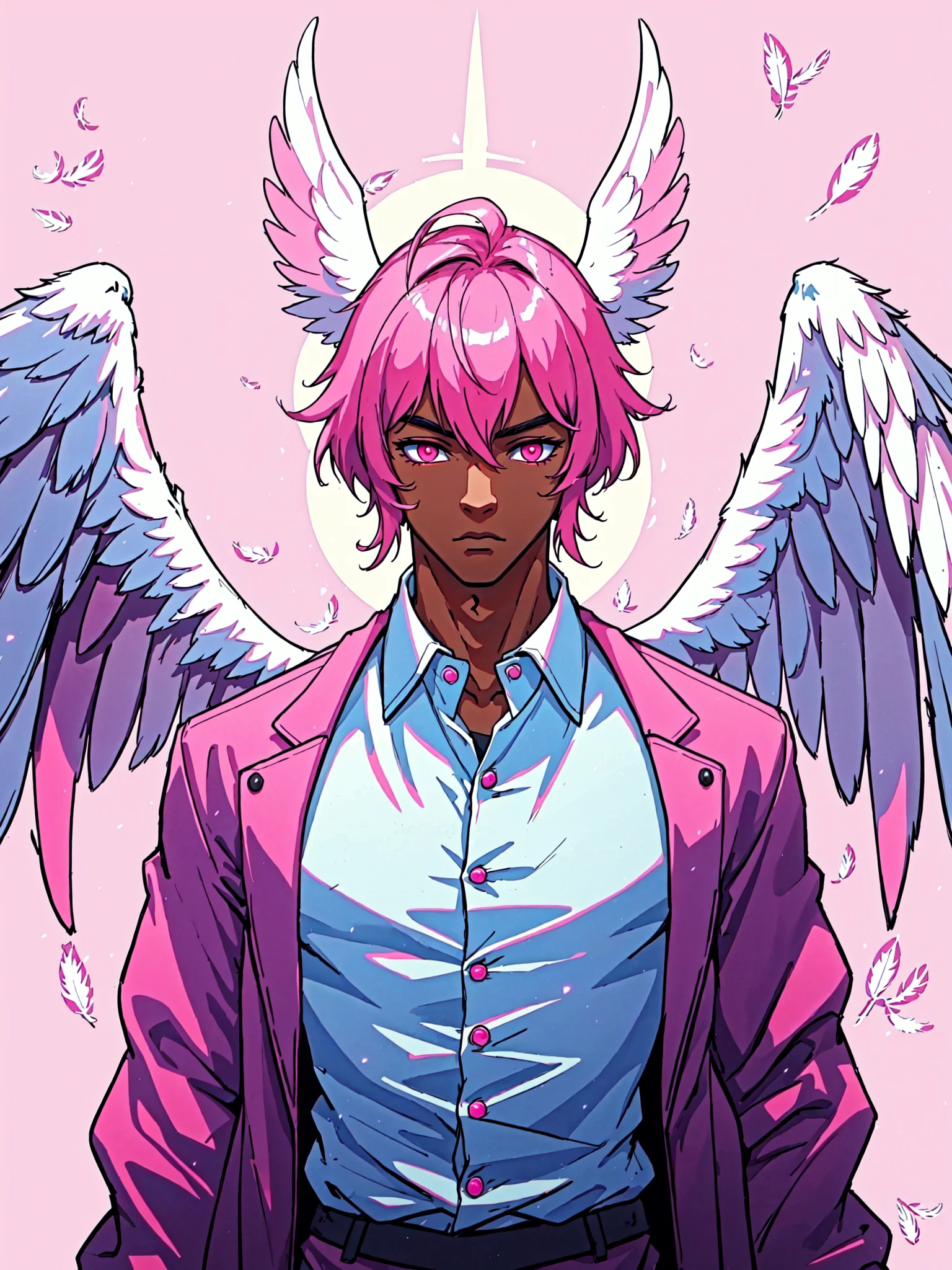 solo, looking at viewer, short hair, shirt, 1boy, closed mouth, jacket, white shirt, upper body, pink hair, male focus, open clothes, wings, collared shirt, dark skin, pink eyes, open jacket, pink background, dark-skinned male, feathers, feathered wings, angel wings, white wings, pink jacket, maximalism, retro art style, fantasy art, outdoors, sunset, dusk, galaxy, side lighting, neon lighting, rembrandt lighting, cinemaetic lighting, cinematic angle, masterpiece, best quality