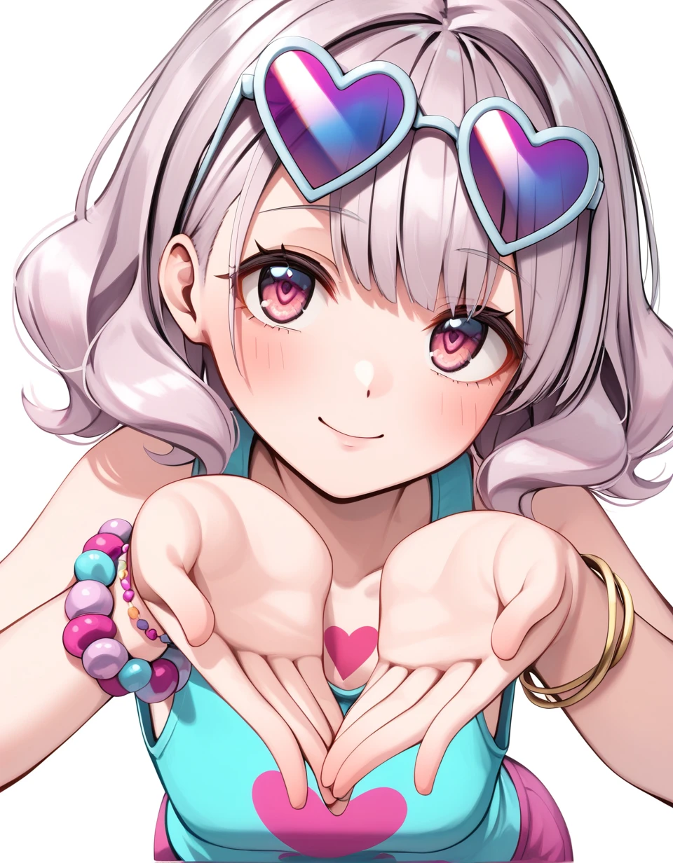 1 girl , (( solo )) , upper body, leaning forward, looking at viewer , look up, spread arms, <hatosangu_sdxl_0001:0.7>, hatosangu, heart sunglasses, sunglasses on head, silver pink hair, medium hair , bracelet, tank top , ultra-detailed, 4k, white background , good hand , perfect hands,