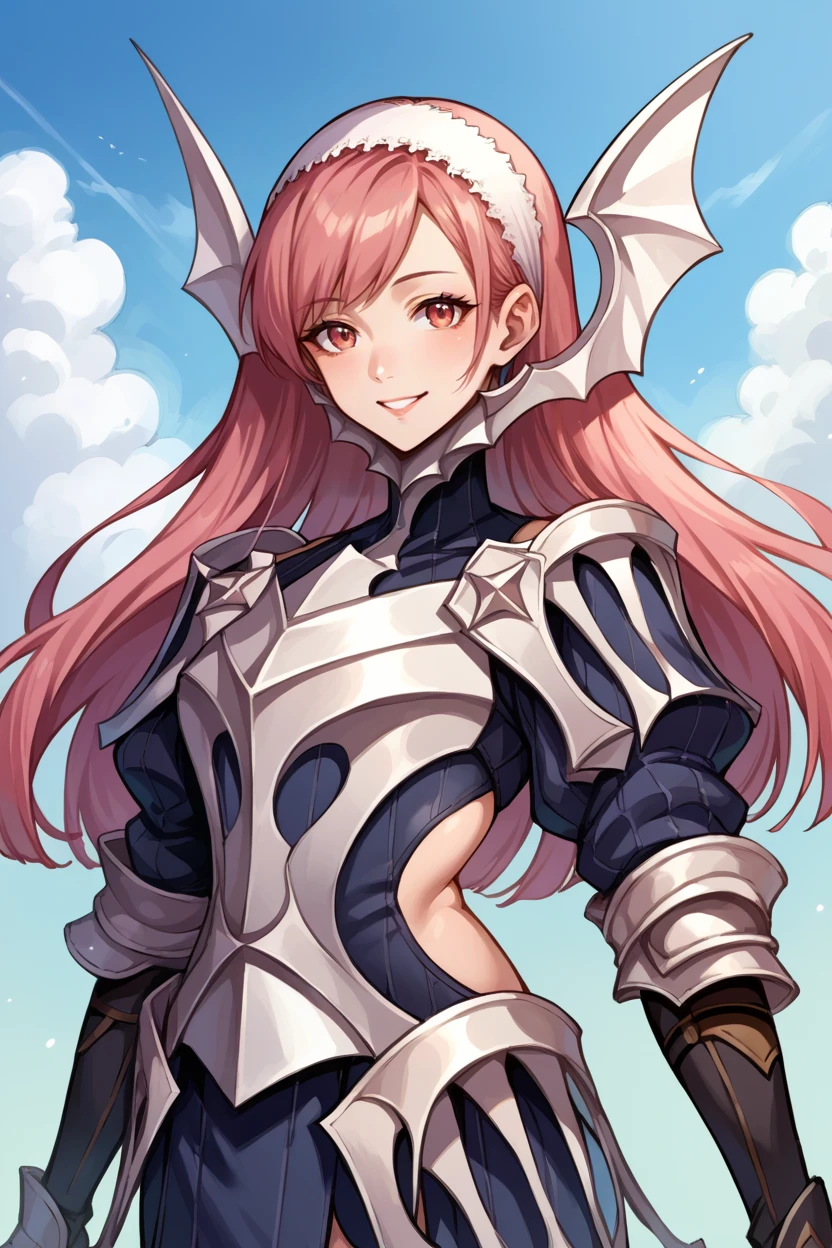 score_9, score_8_up, score_7_up, score_6_up, source_anime BREAK 1girl, solo, <lora:fecherche-pdxl-nvwls-v1-000005:1> defcherche, pink hair, white hairband, headgear, armor, armored dress, gauntlets, black gloves, smile, looking at you, blue sky, clouds