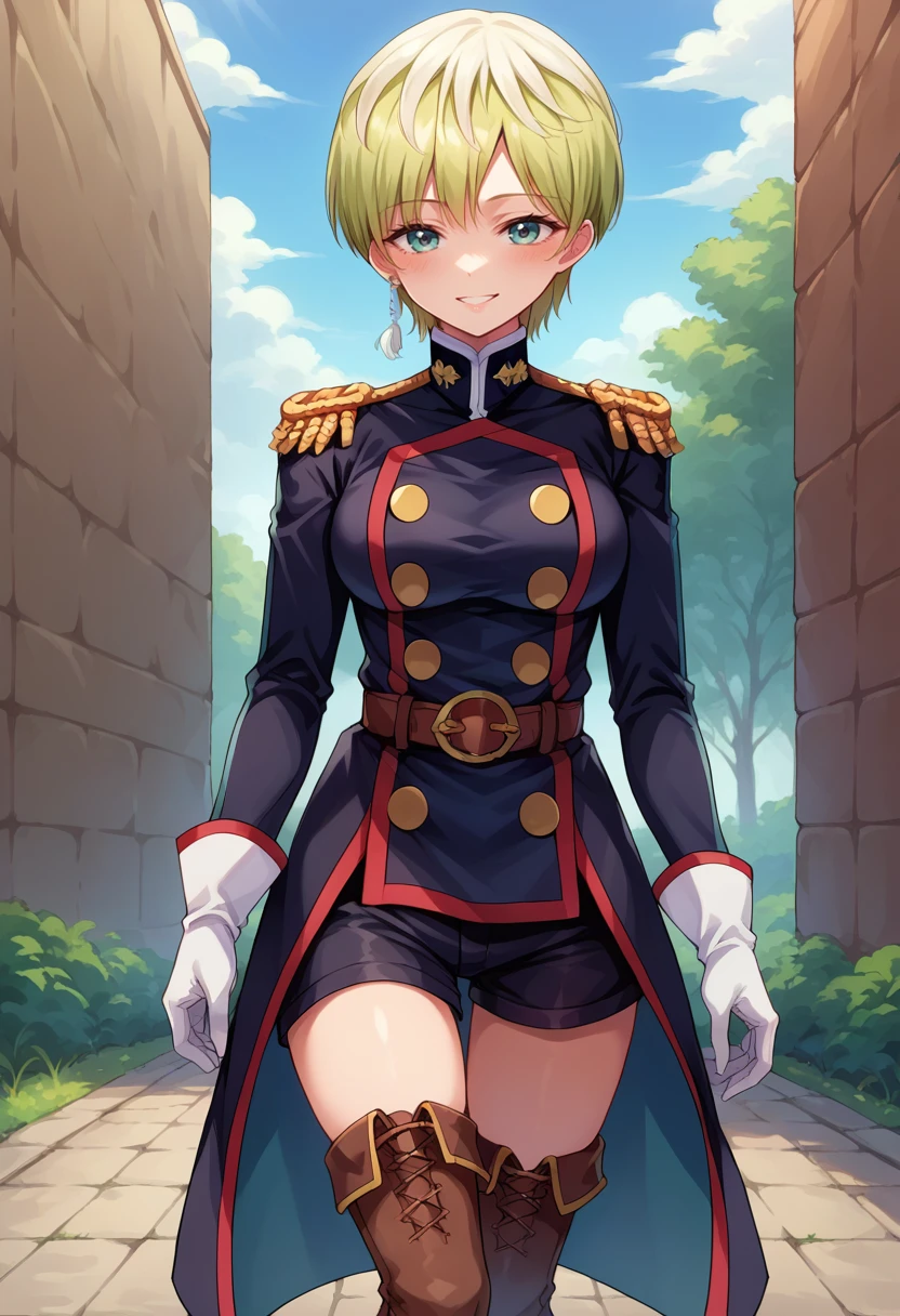 score_9, score_8_up, source_anime, 1girl, solo, IzumoTenka, short hair, single earring, military uniform, black coat, epaulettes, buttons, white gloves, brown belt, black shorts, thigh boots, smile, blush, outdoors, <lora:ChamIzumoTenkaPonyXL:1>