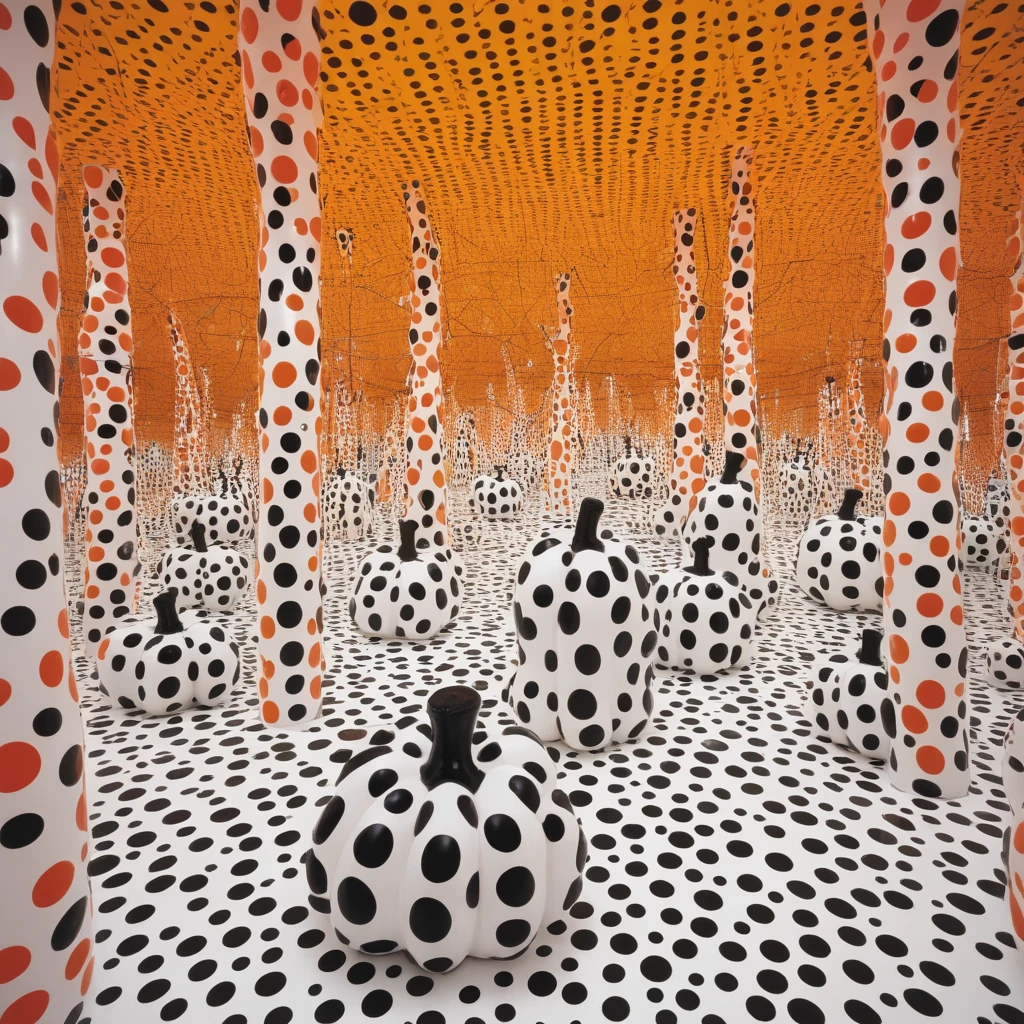 "Obsession with Polka Dots" is Kusama's passionate love affair with moles. She doesn't just like polka dots; she is completely in love with them. She imagines gigantic sculptures adorned with polka dots and entire rooms transformed into a fascinating, where pumpkins played a starring role. It's a joyful celebration of your roots and endless love for those friendly pumpkins. It's like a pumpkin festival on steroids!, " My Eternal Soul " is Kusama's ongoing artistic journal