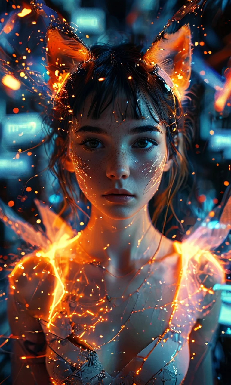 girl with fox ears surrounded by information technology processes, masterpiece, fantasy, digital art, highly detailed, overall detail, atmospheric lighting, Awash in a haze of light leaks reminiscent of film photography, awesome background, highly detailed styling, studio photo, intricate details, highly detailed, cinematic, <lora:MJ52:0.6>, <lora:add-detail-xl:0.6>, <lora:glowneon_xl_v1:0.5> glowneon, glowing, sparks, <lora:gl1tchXLP:0.7> gl1tch, glitch