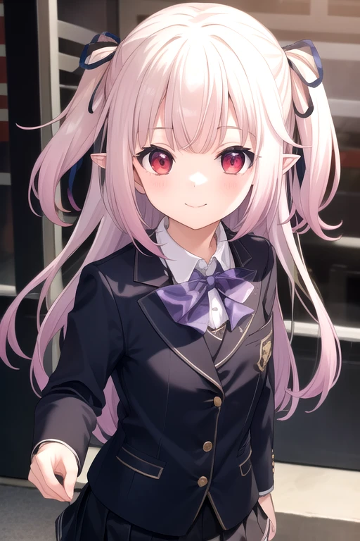 ((masterpiece)),(best quality),official art,extremely delicate and beautiful,extremely detailed CG,unity 8k wallpaper,ultra detailed,beautiful detailed eyes,extremely detailed face,outdoors,1girl,solo,upper body,(portrait:1.5),looking at viewer,facing viewer,smile,(petite:1.2),virtual youtuber,Mashiro Kanon,ahoge,very long hair,pink hair,two side up,gradient hair,multicolored hair,floating hair,hair ribbon,black ribbon,hair ornament,two side up,pointy ears,bangs,red eyes,school uniform,blue jacket,blazer,red bowtie,white shirt,collared shirt,long sleeves,small breasts,skindentation,miniskirt,black skirt,pleated skirt,zettai ryouiki,white thighhighs,loafers,black footwear,<lora:Mashiro Kanon(vtb)>,
