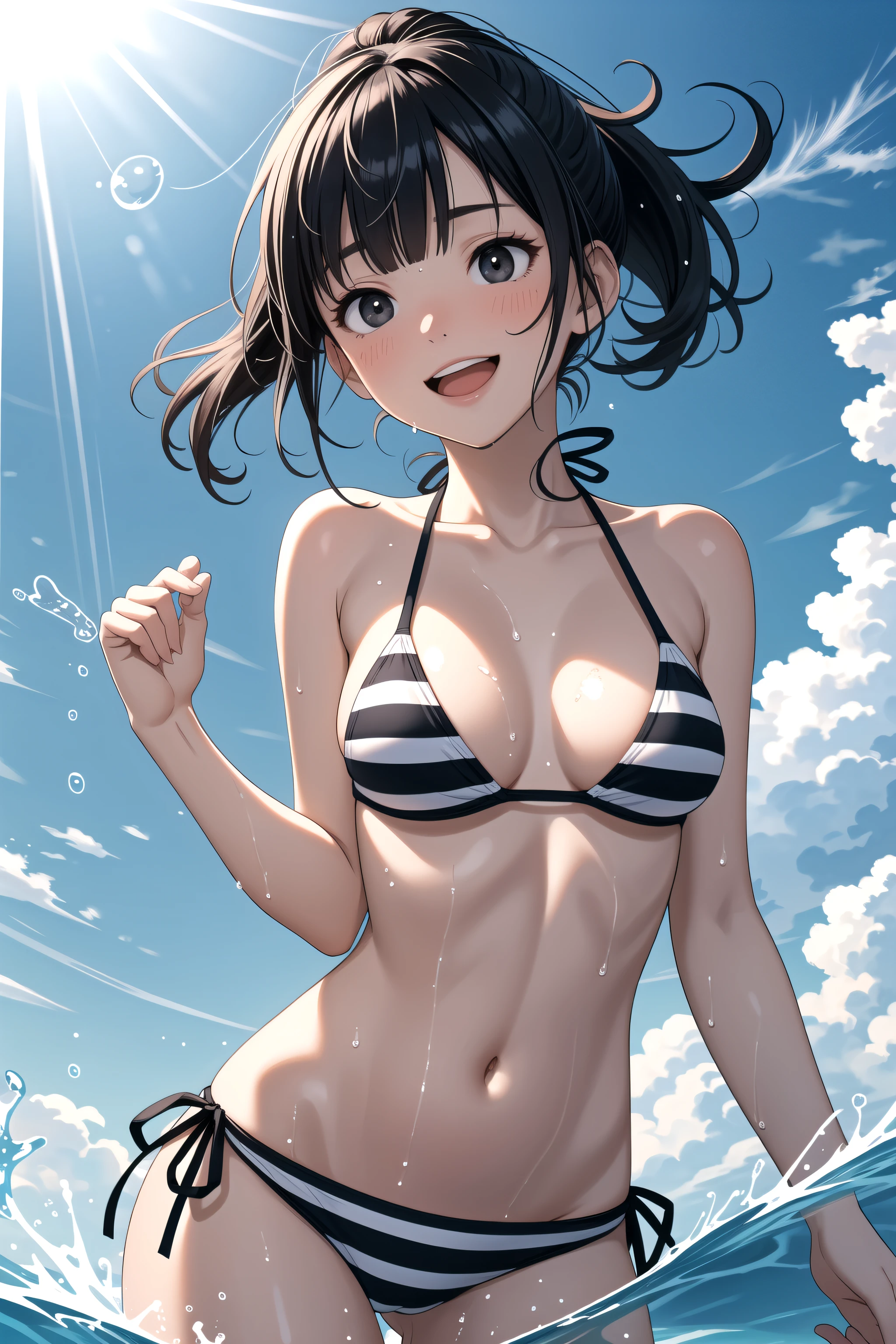 (masterpiece, best quality, highres), 1girl, solo, black hair, long hair, straight hair, blunt ends, high ponytail, blunt bangs, black eyes, medium breasts, toned, summer, sunlight, reflective water, striped string bikini, wet, wet hair, wet swimsuit, shiny skin, waves, splashing, happy, laughing, cowboy shot, playing