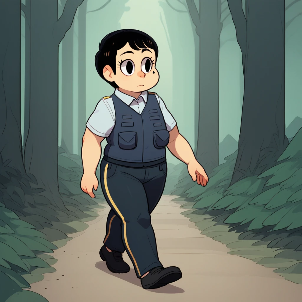 score_9_up, BREAK,  MissOfficer, 1girl, solo , black hair, short hair, black eyes , mole under left eye, shirt, vest, pants,  <lora:Miss_Officer_PXL_Leaf1:1>,  walking, forest, chubby