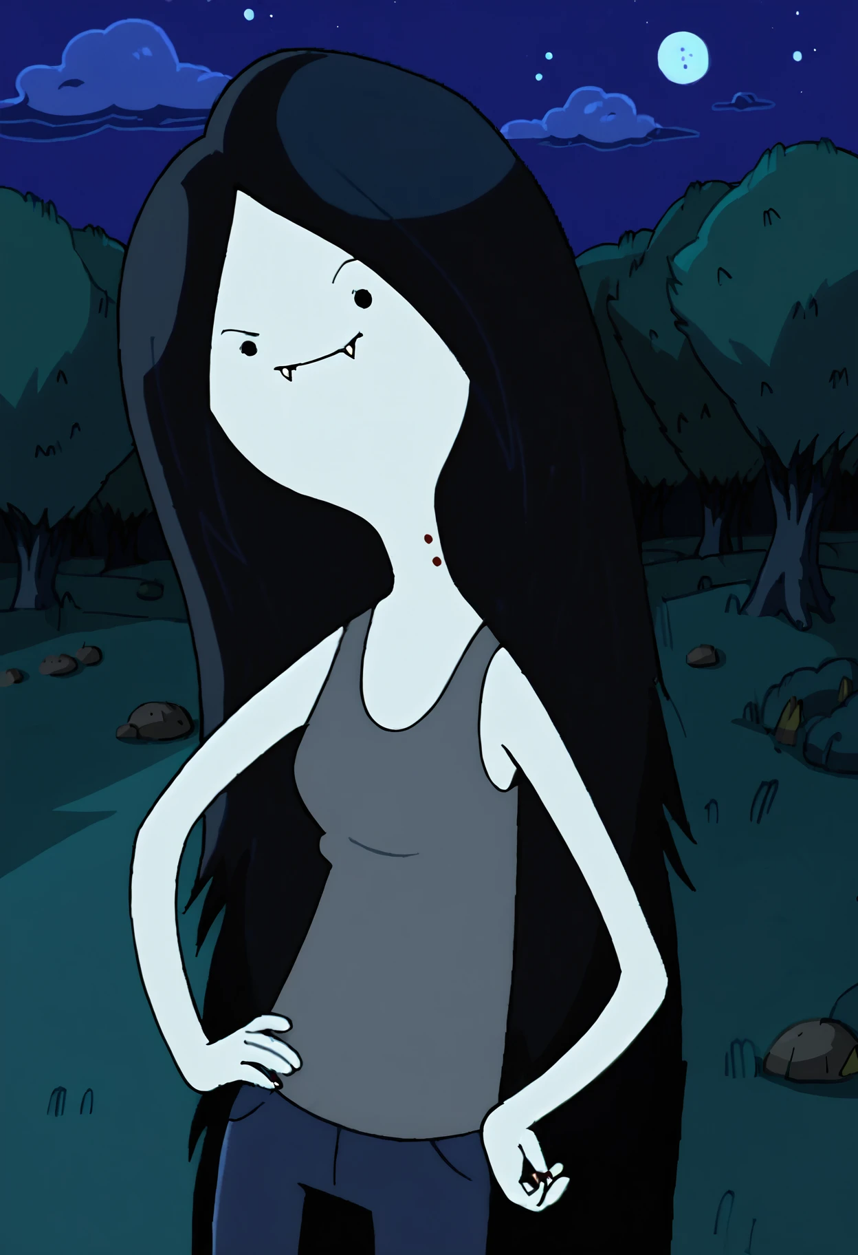 marceline, 1girl, fangs, solo, vampire, long hair, fangs out, solid circle eyes,tank top, bite mark, black eyes, black hair,floating, very long hair, grey skin, pants, smile,outdoors, night, night sky, <lora:MarcelinePony1.1:1>, score_9, score_8_up, score_7_up, score_6_up, score_5_up, score_4_up, looking at viewer, hand on own hip, cowboy shot,tree, forest,
