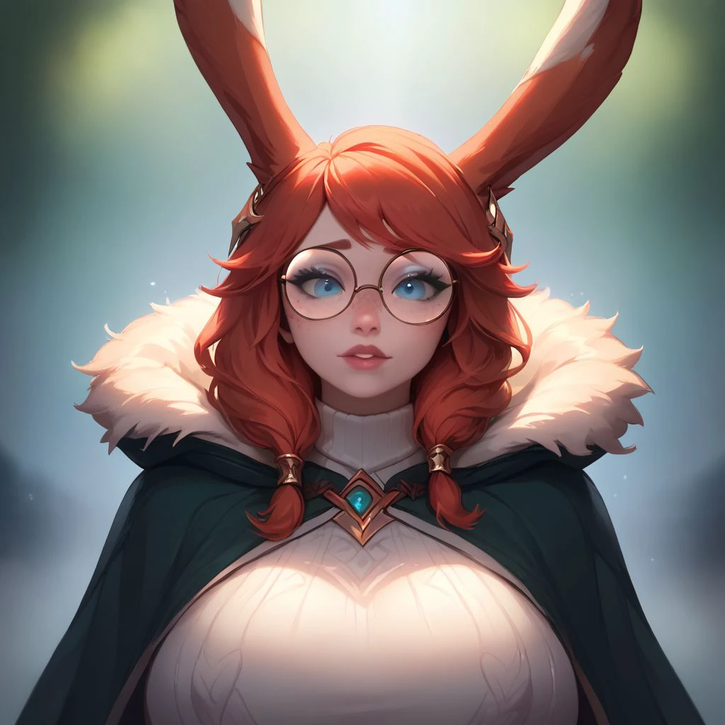 (((beautiful, hyper realistic, high quality))), upper Body, score_9, score_8_up, score_7_up, realistic, 
Aurora lol, 1girl, red hair, round glasses, freckles, jewelry, rabbit ears, blue eyes, white sweater, green cape with fur
looking at the viewer, posing, 
fantasy background, blurred background,