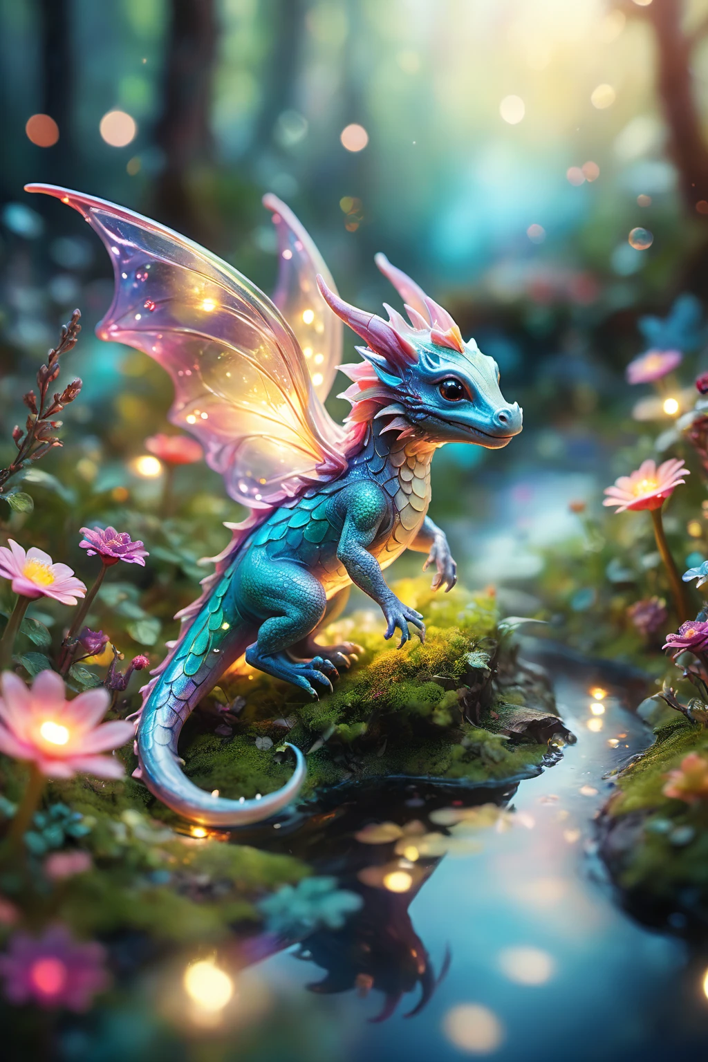 ethereal fantasy concept art of . magnificent,celestial,ethereal,painterly,epic,majestic,magical,fantasy art,cover art,dreamy,animal flower garden,Tiny fairy dragon in tilt-shift landscape,(tiny:1.4),(fairy dragon:1.6),miniature,vibrant colors,(tilt-shift:1.5),whimsical,magical,glowing,ethereal,translucent wings,hovering,(sparkles:1.3),enchanted forest,(fairy lights:1.2),dreamy atmosphere,soft focus,(detailed:0.8),(background:0.6),fairy tale,